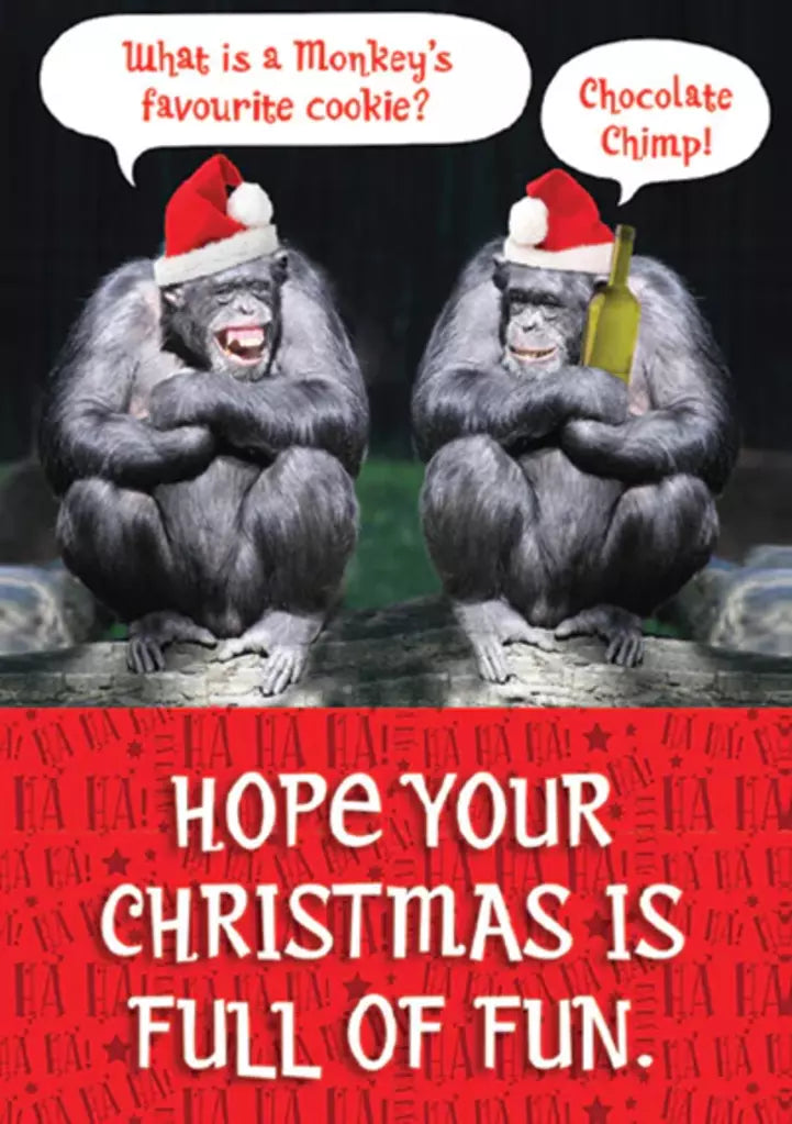 CHRISTMAS CARD-CHIMPS CHRISTMAS PARTY Retail $2.99 Inside: Happy Christmas 256929 XC07293
