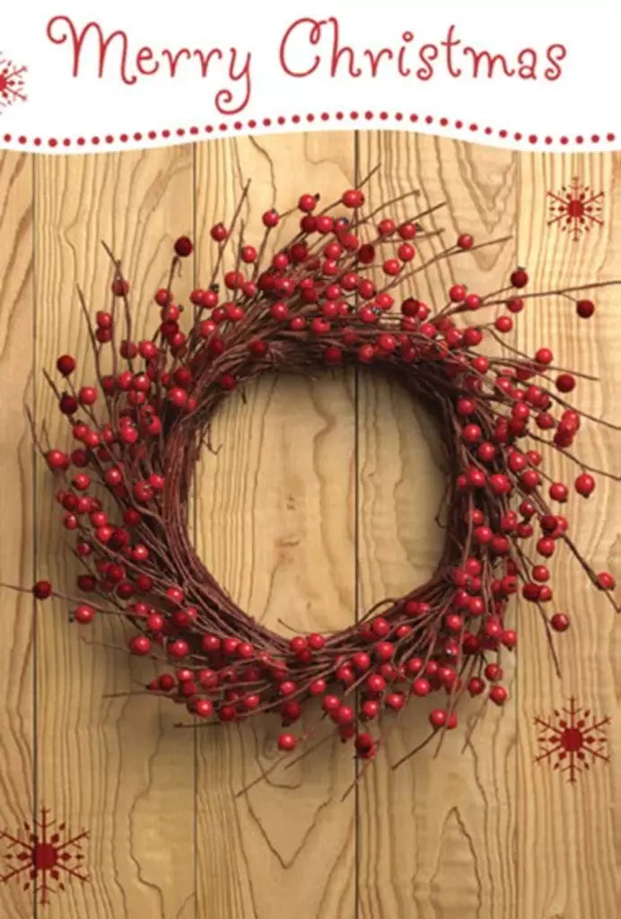 BERRY WREATH ON TIMBER. Retail $3.99 Inside: May you be surrounded by all the things that Christmas brings. 257002 XC06488