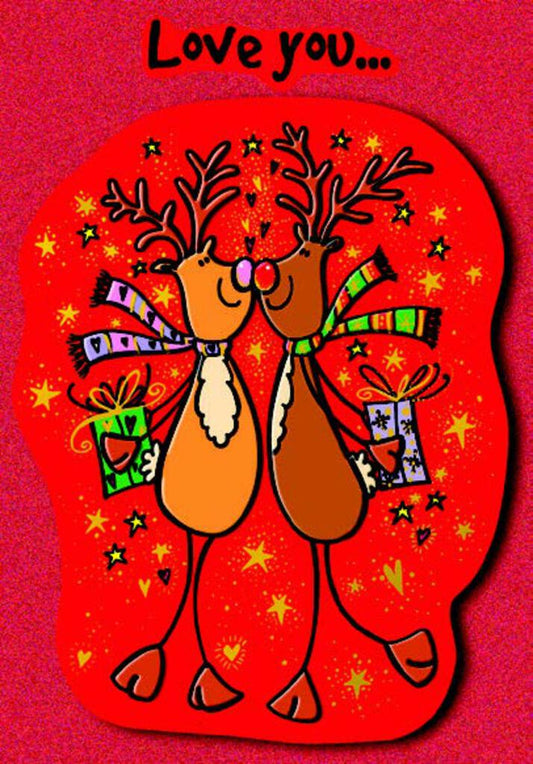 CHRISTMAS CARD-2 REINDEER NOSE TO NOSE -LOVE Retail $3.99 INSIDE: ...LOVE CHRISTMAS LOVE THE FOOD... 257017 XC02145B