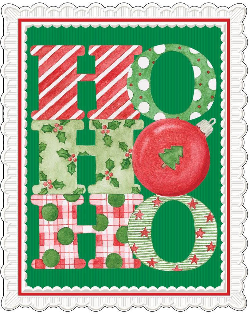 Red and Green PATTERNED HO HO HO embossed die cut Christmas greeting card. Retail $4.25 Inside: Wishing you a Merry Christmas and a Happy New Year! 257047 CRGX0166