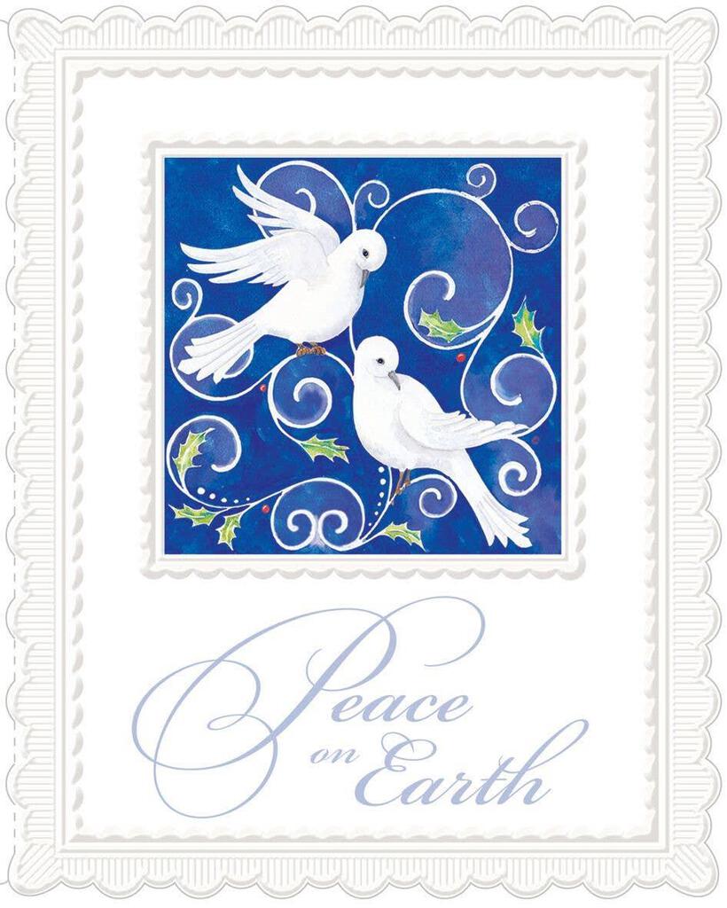 DOVES PEACE ON EARTH embossed die cut Christmas greeting card. Retail $4.25 Inside: ...and peace in the hearts of all. 257056 CRGX0119