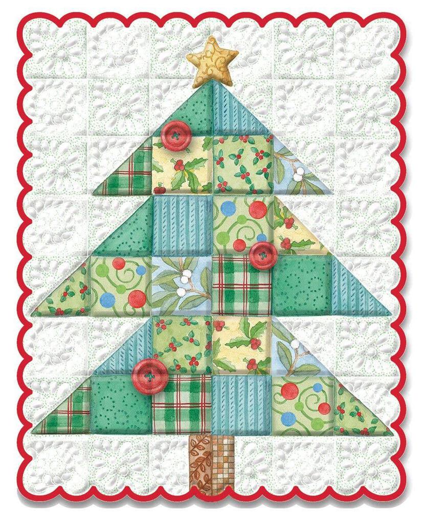 QUILTED CHRISTMAS TREE embossed die cut Christmas greeting card. Retail $4.25 Inside: Merry Christmas and lots of warm wishes 257059 CRGX0178