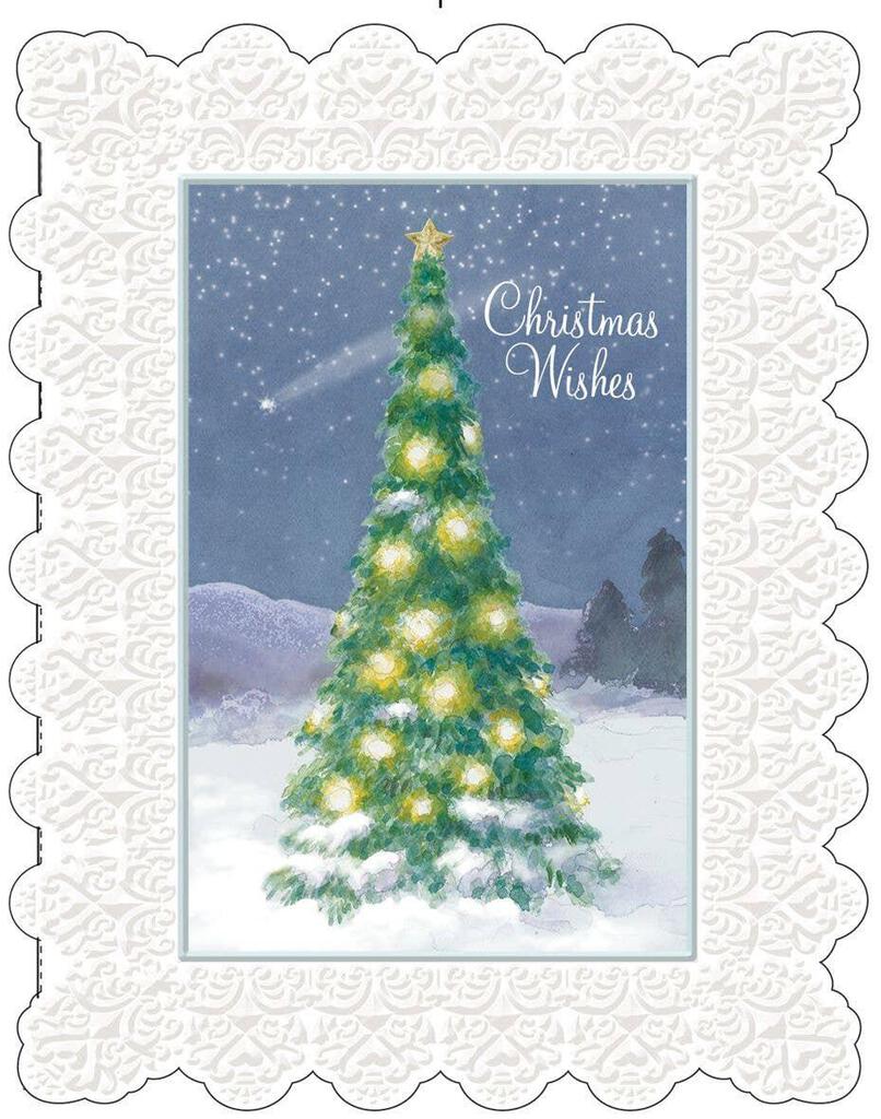 TREE WITH SHOOTING STAR embossed die cut Christmas greeting card. Retail $4.25 Inside: May your Christmas be merry and your New Year bright. 257068 CRGX0162