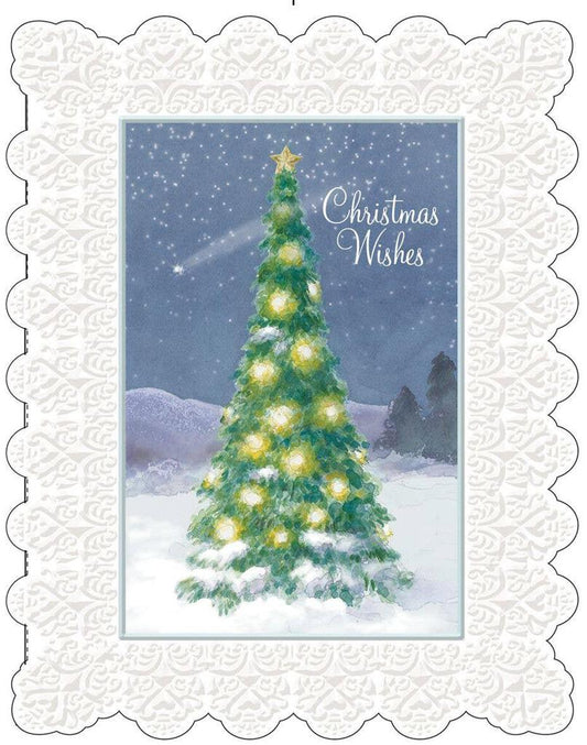 TREE WITH SHOOTING STAR embossed die cut Christmas greeting card. Retail $4.25 Inside: May your Christmas be merry and your New Year bright. 257068 CRGX0162