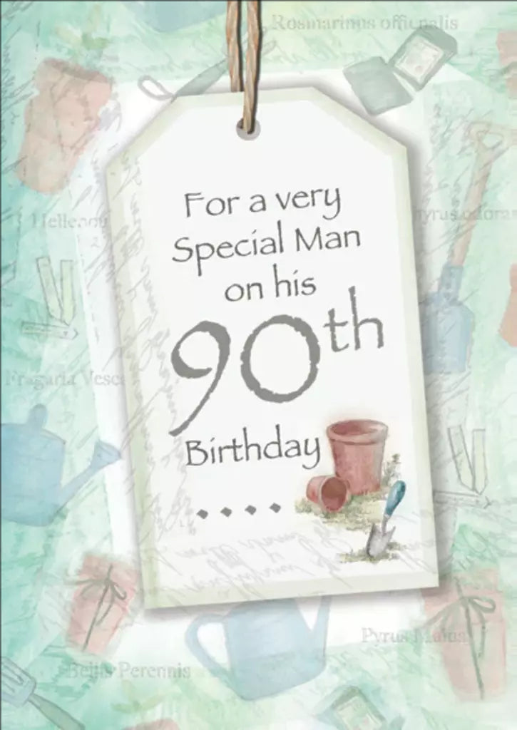 Gardening icons- 90th age male birthday card. Retail $2.99. Inside: ...take some time for your thoughts today to remember... 257505 01977C