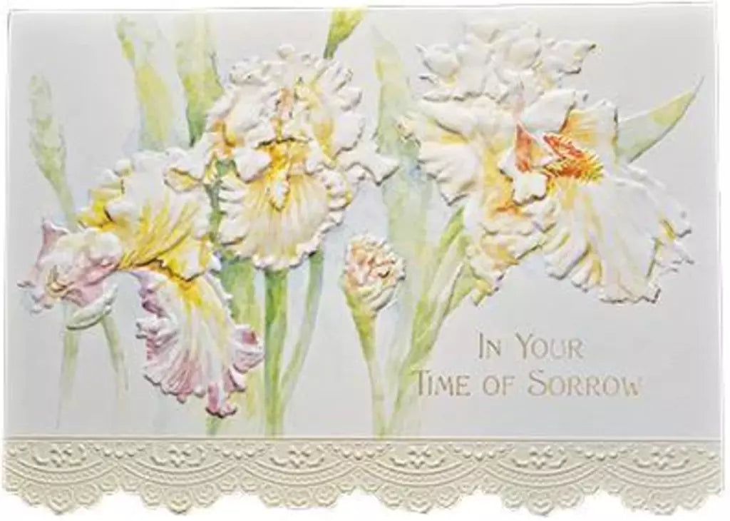 Apricot irises with a white lace border embossed die-cut sympathy greeting card by Carol Wilson. Inside: Our thoughts and prayers are with you. Retail $4.99.  257552 CRG1593