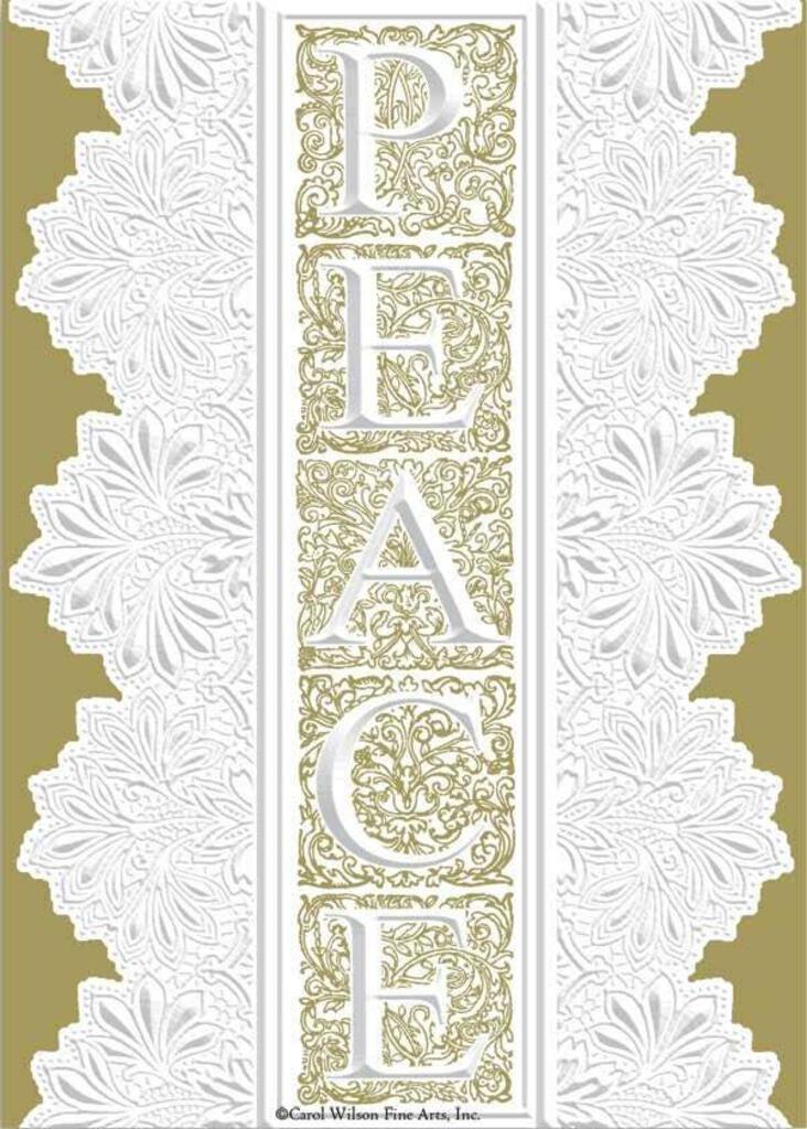 WHITE AND GOLD FORMAL PEACE WITH LACE PATTERN embossed die cut Christmas greeting card. Retail $4.25 Inside: May the miracle of Christmas bring you joy and peace. 257871 CRGX3132