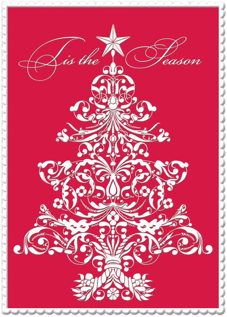 WHITE GLITTER TREE ON RED embossed die cut Christmas greeting card. Retail $4.25 Inside: Tis the season for peace happiness and love. 257885 CRGX3150