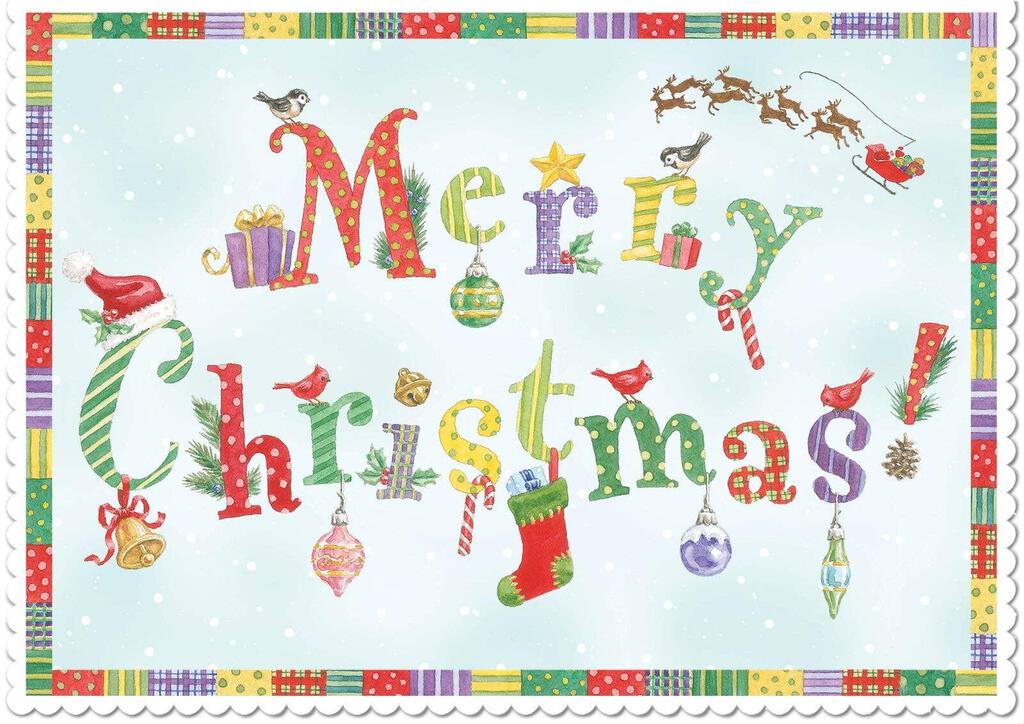 FESTIVE DECORATED MERRY CHRISTMAS LETTERS embossed die cut Christmas greeting card. Retail $4.25 Inside: Wishing you happiness at Christmas. 257886 CRGX3165