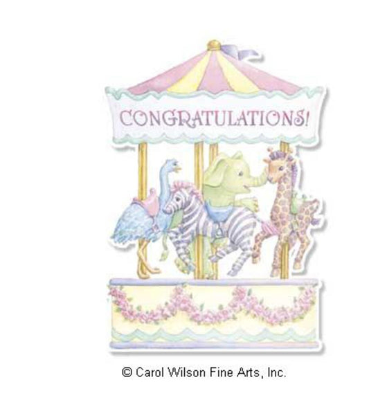 Classic merry go round general new baby embossed die cut greeting card by Carol Wilson. Inside: Babies make the world go round! Retail $4.25  257887 CG1174A
