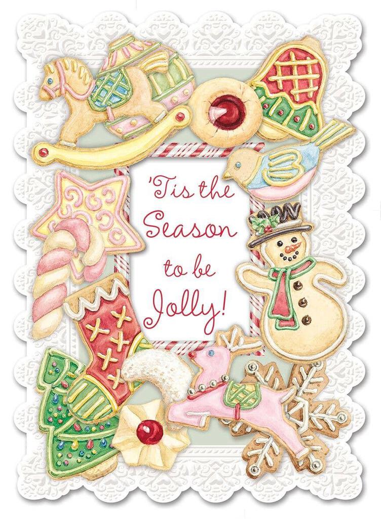 FESTIVE HOLIDAY COOKIES embossed die cut Christmas greeting card. Retail $4.25 Inside: Wishing you a Christmas filled with sweet surprises. 257894 CRGX3094