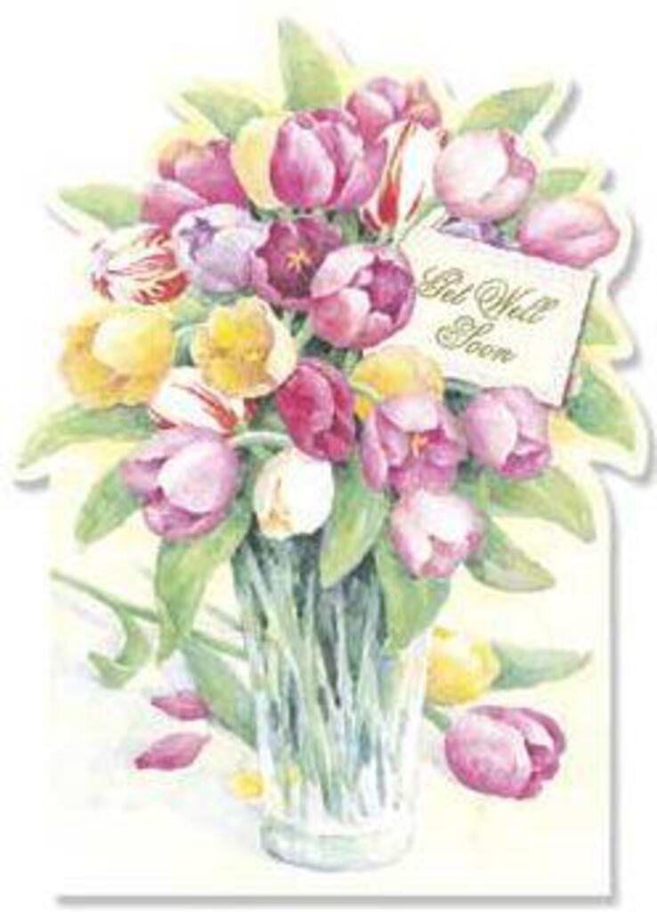 Colorful tulip vase arrangement embossed die cut get well greeting card by Carol Wilson Inside: Hope you will be feeling the bloom of good health soon. Retail $4.99  257913 CRG1100