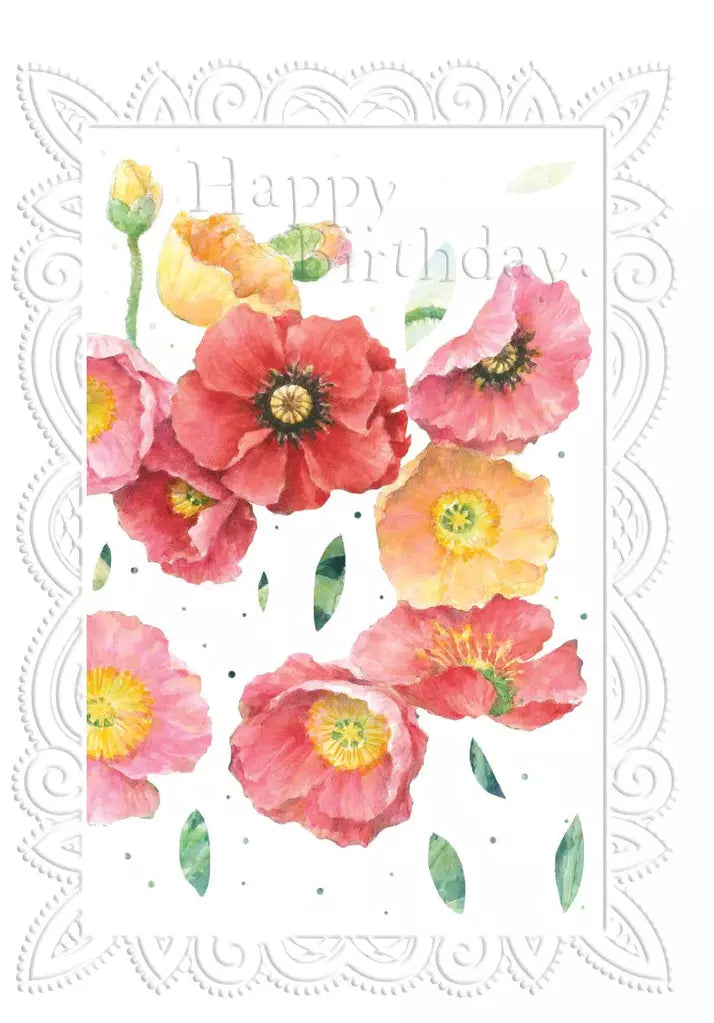Red and pink poppies embossed die cut general birthday greeting card by Carol Wilson. Inside: May your birthday be as wonderful as you are! Retail $4.25  257928 CRG1745
