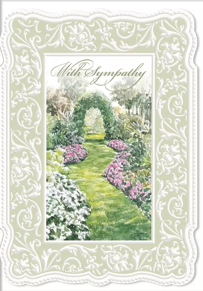 Garden Arch embossed die-cut sympathy greeting card by Carol Wilson. Inside: My friends comfort you love strengthen you and hope surround you. Retail $4.99.  257935 CRG1289