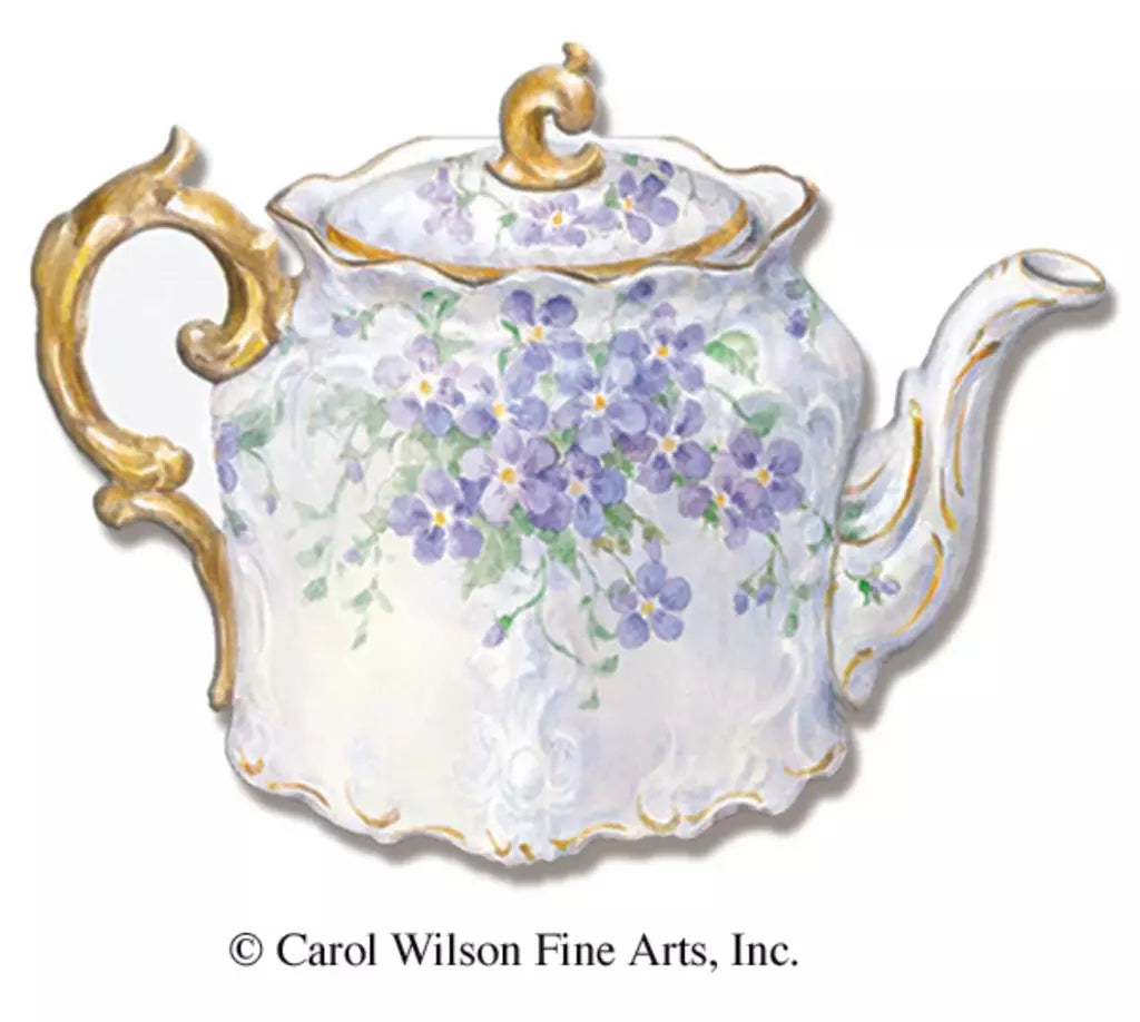 Purple violet teapot themed blank embossed die-cut greeting card by Carol Wilson. Blank inside. Retail $2.95.  258026 CG1061