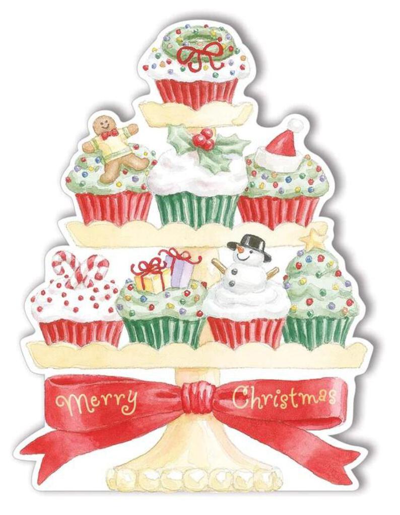 CHRISTMAS GIFT TAGS RED AND GREEN STACKED CUPCAKES embossed die cut Christmas greeting card. Retail: $3.99 CRGXGC087