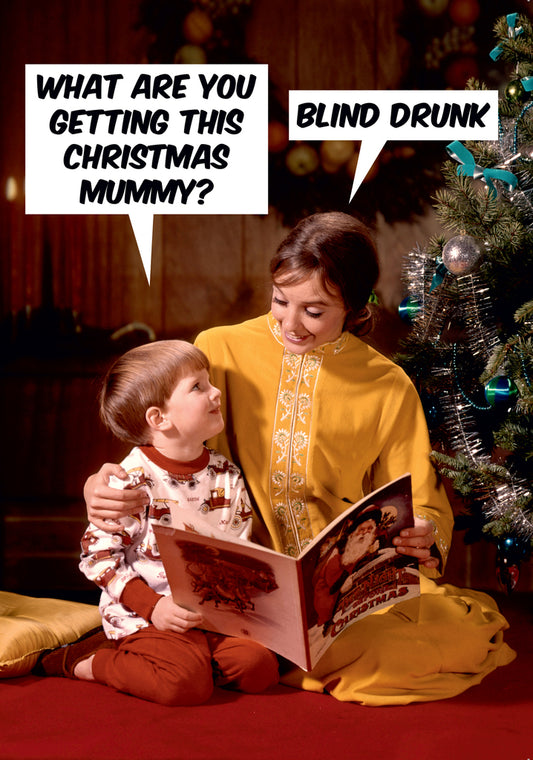 Dean Morris Mummy Blind Drunk Mother Young Son Reading Story Book Funny Christmas Greeting Card 5x7 DMX193 | 259856