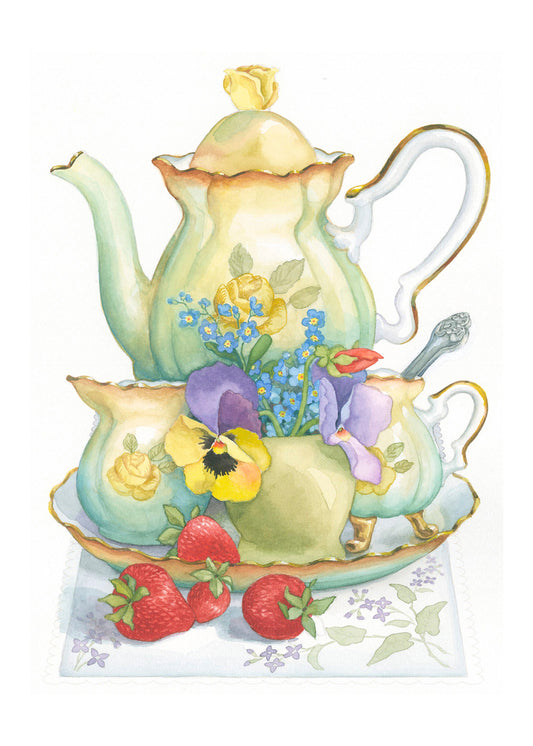 Carols Rose Garden Pansy Teapot Set Flower Watercolor Greeting Card 5x7 H-FOD056 | 1788 | 260057