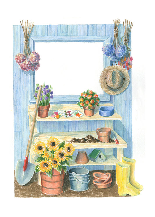Carols Rose Garden Flower Potting Bench Garden Shed Watercolor Greeting Card 5x7 H-GAR041 | 1800 | 260069