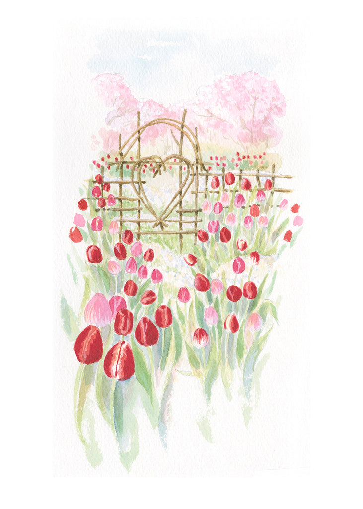 Carols Rose Garden Red Tulip Field Flower Heart Fence Gate Watercolor Greeting Card 5x7 H-GAR060 | 1803 | 260072