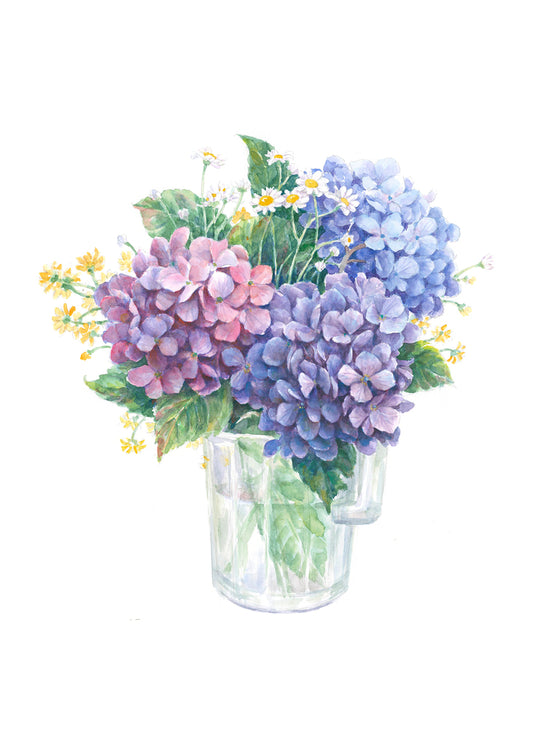 Carols Rose Garden Hydrangea Trio Pitcher Flower Vase Watercolor Greeting Card 5x7 H-HYD004 | 1805 | 260074