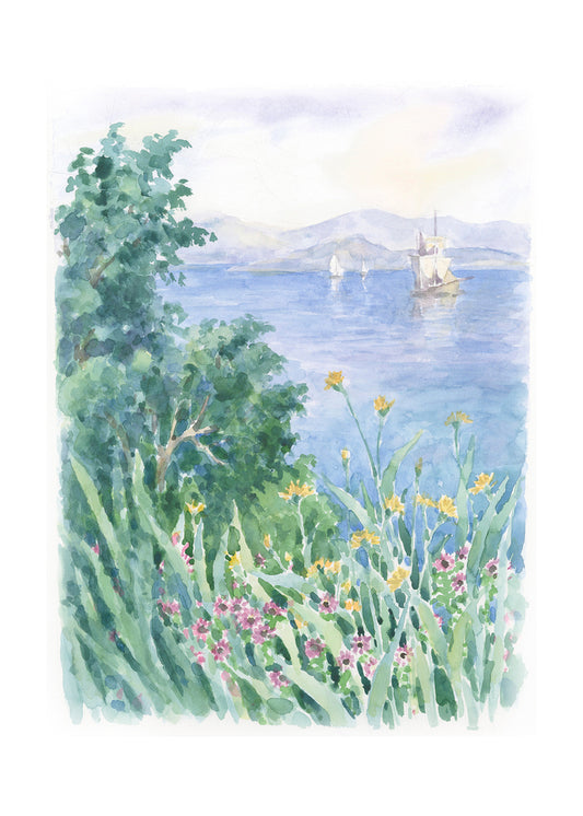Carols Rose Garden Flower Garden Lake View Nature Landscape Watercolor Greeting Card 5x7 H-LND018 | 1809 | 260078