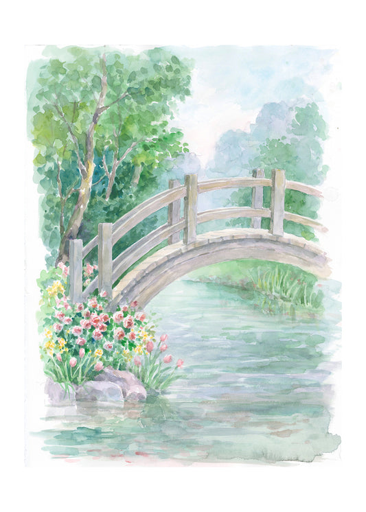 Carols Rose Garden River Bridge Nature Landscape Watercolor Greeting Card 5x7 H-LND021 | 1810 | 260079
