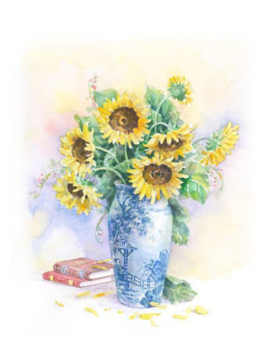 Carols Rose Garden Sunflower Blue Vase Flower Watercolor Greeting Card 5x7 H-SUN002 | 1833 | 260102
