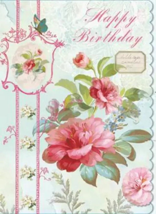 Red and pink camellia's on a light green background embossed die cut general birthday greeting card from Carol Wilson Fine Arts. Inside: May the good things in life fill your birthday and every day! Retail: $4.25 | CG4010 | 260155