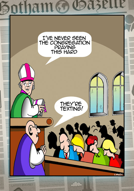 Mark Lynch Religious Church Congregation Not Praying Cell Phone Texting Funny Birthday Greeting Card 5x7 | 2244 | 260789