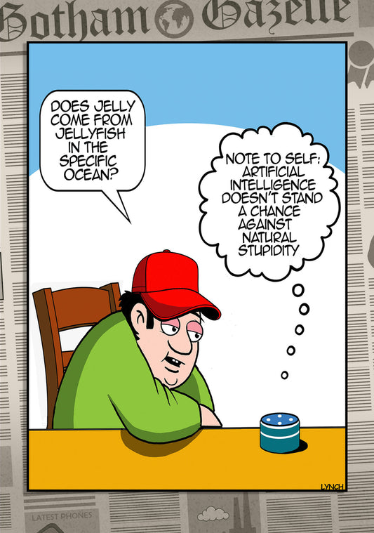 Mark Lynch Man Asking Jelly Question Artificial Intelligence Device Funny Birthday Greeting Card 5x7 | 2247 | 260792