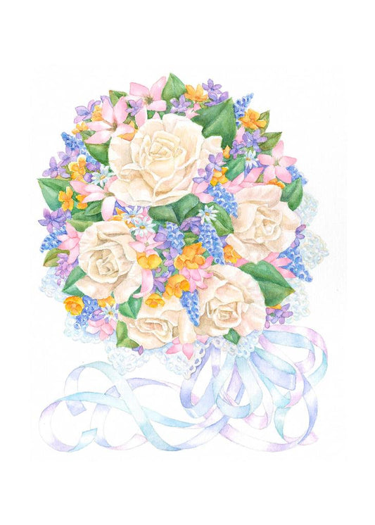 Carols Rose Garden Bridal Wedding Rose Ribbon Bouquet Flower Watercolor Box of 10 Note Cards 4x5 H-ROS255 | 1832-4x5 | 260834