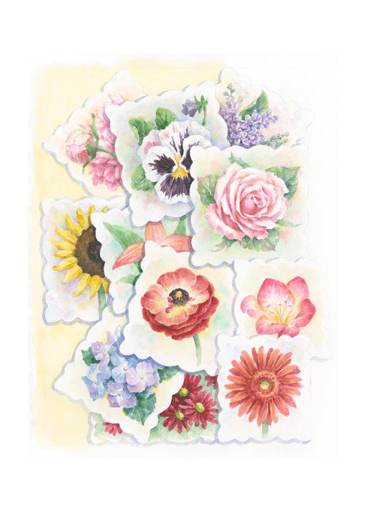 Carols Rose Garden Flower Stamp Collage Watercolor Box of 10 Note Cards 4x5 H-MFL008 | 1811-4x5 | 260989