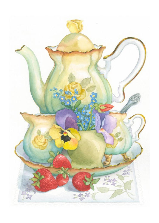 Carols Rose Garden Pansy Tea Pot Set Flower Watercolor Box of 10 Note Cards 4x5 H-FOD056 | 1788-4x5 | 261050