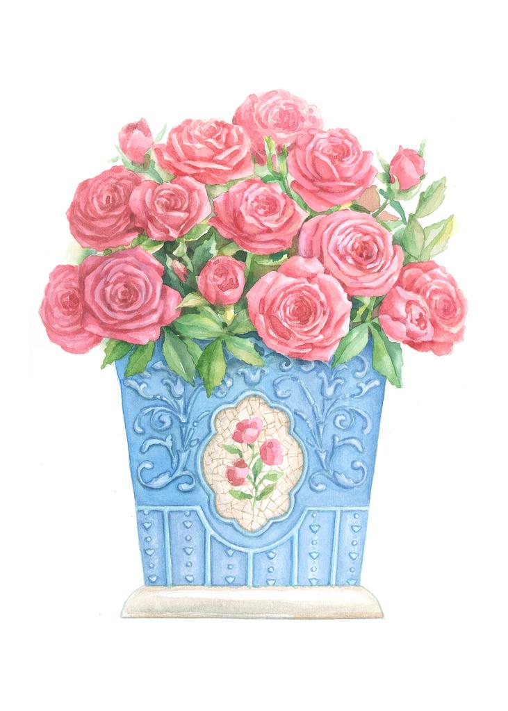 Carols Rose Garden Pink Rose Blue Vase Flower Watercolor Box of 10 Note Cards 4x5 H-ROS193 | 1829-4x5 | 261054