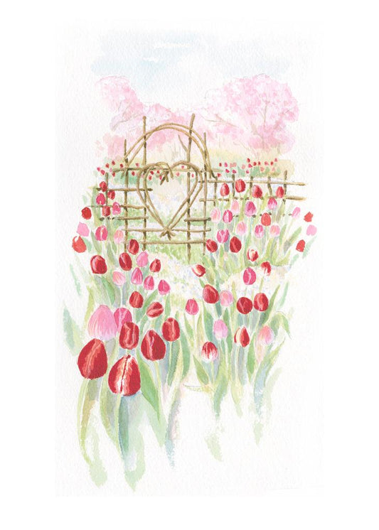 Carols Rose Garden Red Tulip Field Flower Heart Fence Gate Watercolor Box of 10 Note Cards 4x5 H-GAR060 | 1803-4x5 | 261059