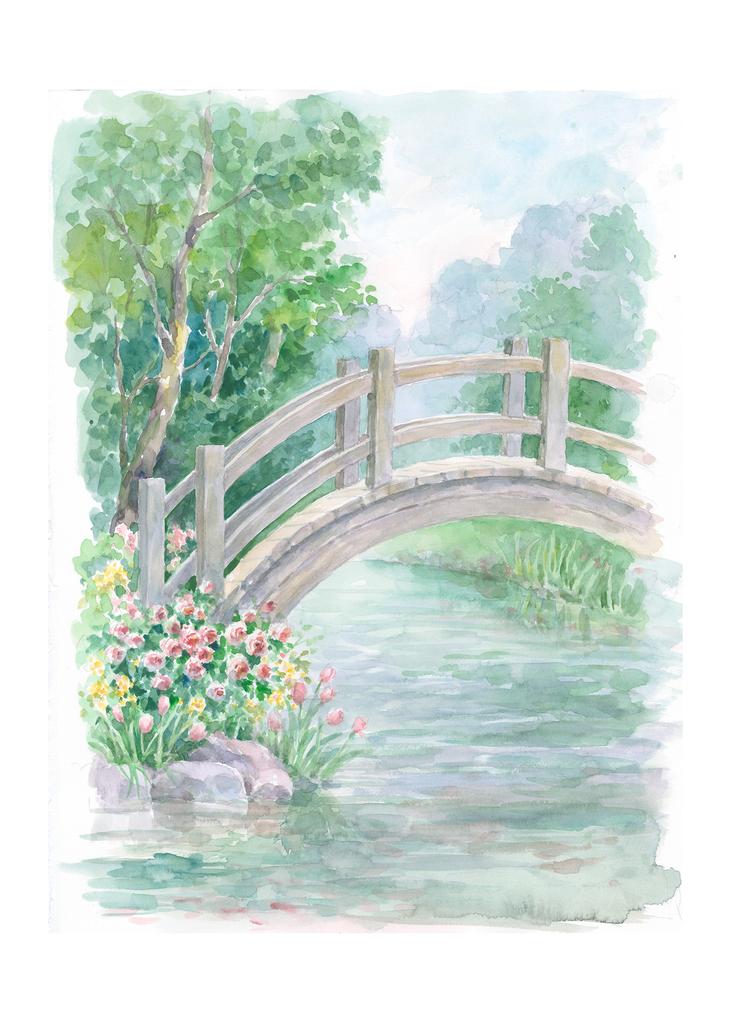 Carols Rose Garden River Bridge Nature Landscape Watercolor Box of 10 Note Cards 4x5 H-LND021 | 1810-4x5 | 261063