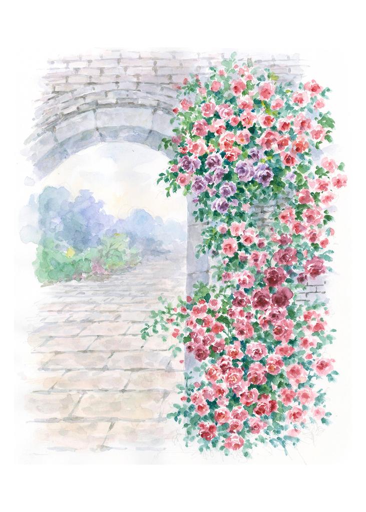 Carols Rose Garden Flower Trellis Cobblestone Arch Watercolor Enclosure Card 2x3 H-GAR021 | 1796-2x3 | 261129