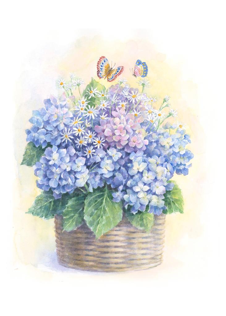 Carols Rose Garden Hydrangea Flower Basket Butterfly Watercolor Enclosure Card 2x3 H-HYD002 | 1804-2x3 | 261140