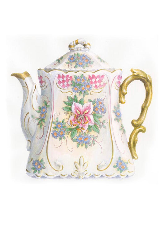 Carols Rose Garden Pink Flower Fancy Teapot Watercolor Enclosure Card 2x3 H-FOD111 | 1791-2x3 | 261227