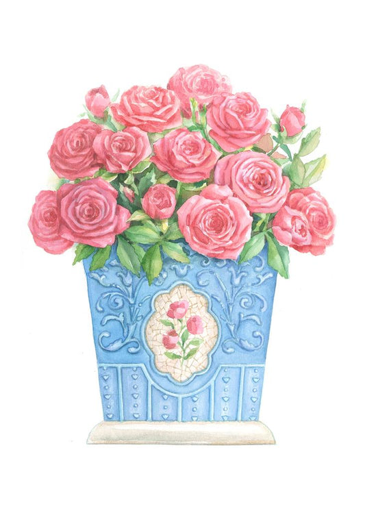 Carols Rose Garden Pink Rose Blue Vase Flower Watercolor Enclosure Card 2x3 H-ROS193 | 1829-2x3 | 261242
