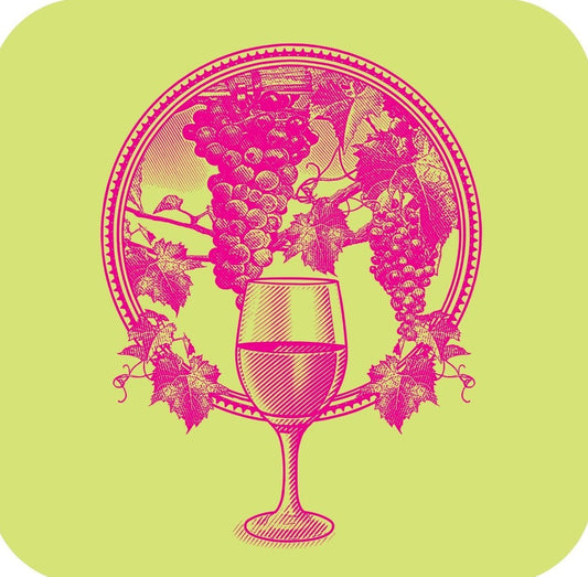 Vineyard Grapes And Wine Glass Circle Frame Chartreuse Premium Drink Coaster Resin With Cork Backing 261879 74864 261879