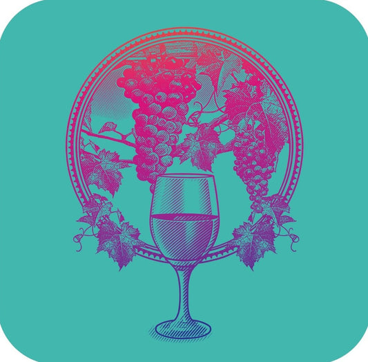 Vineyard Grapes And Wine Glass Circle Frame Teal Premium Drink Coaster Resin With Cork Backing 261881 74866 261881