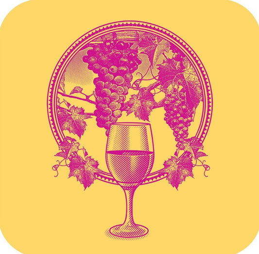 Vineyard Grapes And Wine Glass Circle Frame Yellow Premium Drink Coaster Resin With Cork Backing 261883 74868 261883