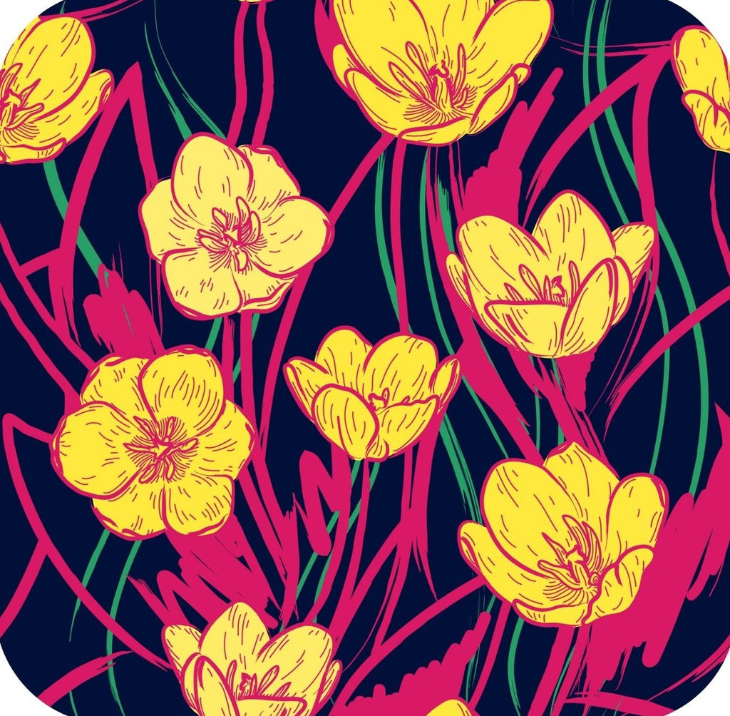 Wild And Bright 60s Psychedelic Tulips Floral Print Black Premium Drink Coaster Resin With Cork Backing 261896 74881 261896