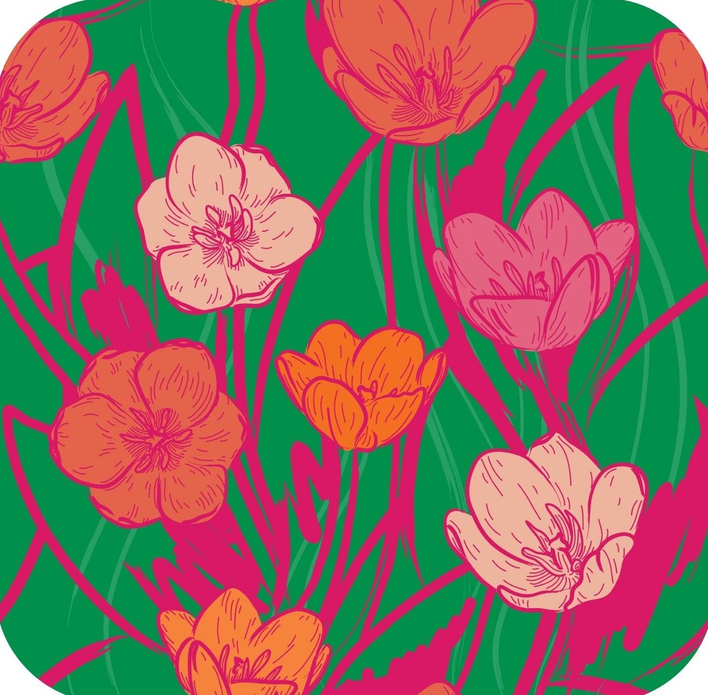 Wild And Bright 60s Psychedelic Tulips Floral Print Green Premium Drink Coaster Resin With Cork Backing 261898 74883 261898