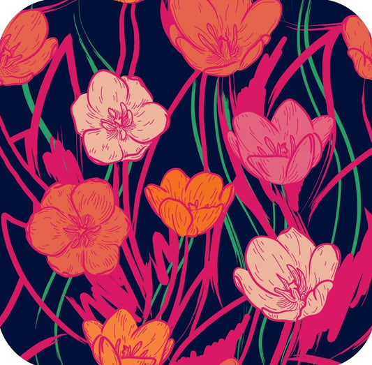 Wild And Bright 60s Psychedelic Tulips Floral Print Navy Premium Drink Coaster Resin With Cork Backing 261899 74884 261899