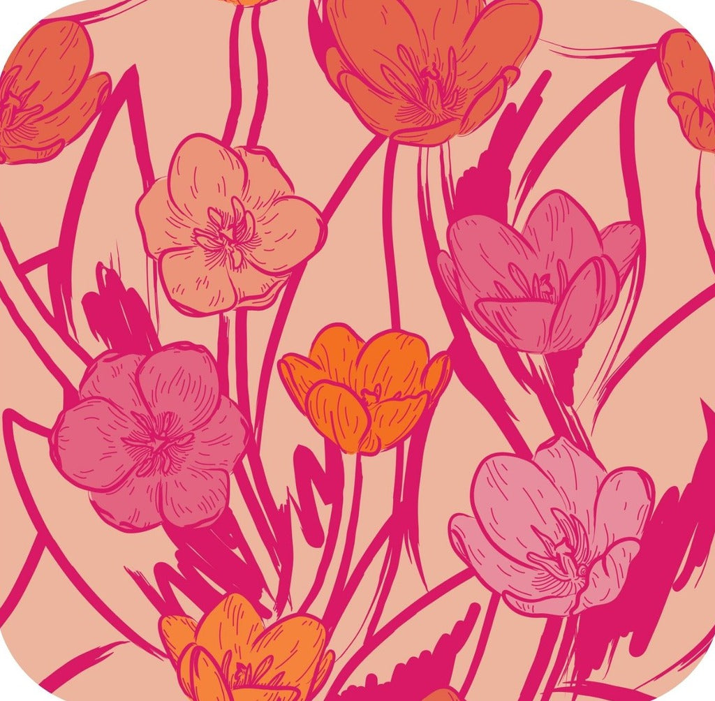 Wild And Bright 60s Psychedelic Tulips Floral Print Pink Premium Drink Coaster Resin With Cork Backing 261900 74885 261900