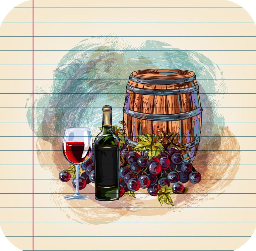 Wine Barrell Bottle And Glass Drawing On Ruled Paper Premium Drink Coaster Resin With Cork Backing 261902 74887 261902