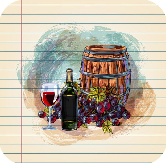 Wine Barrell Bottle And Glass Drawing On Ruled Paper Premium Drink Coaster Resin With Cork Backing 261902 74887 261902
